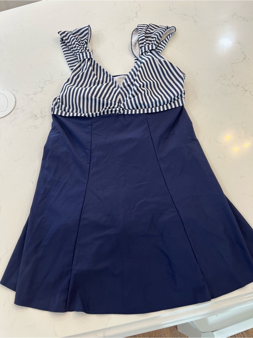 Navy One-Piece Swimdress with White Striped Bodice